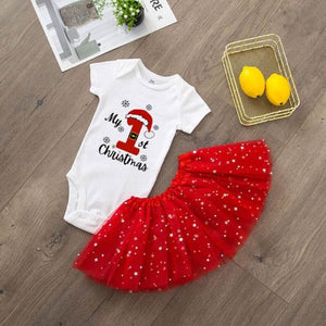 Tenue De Noël Bébé Fille "Mon 1er Noël" - Ensemble 3 Pièces (Body + Jupe à Carreaux + Bandeau) - Taille 0 à 18 Mois